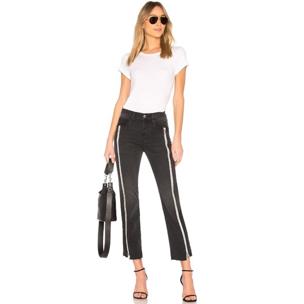 CURRENT ELLIOTT black white Dallon zipped straight raw hem highline denim jeansn